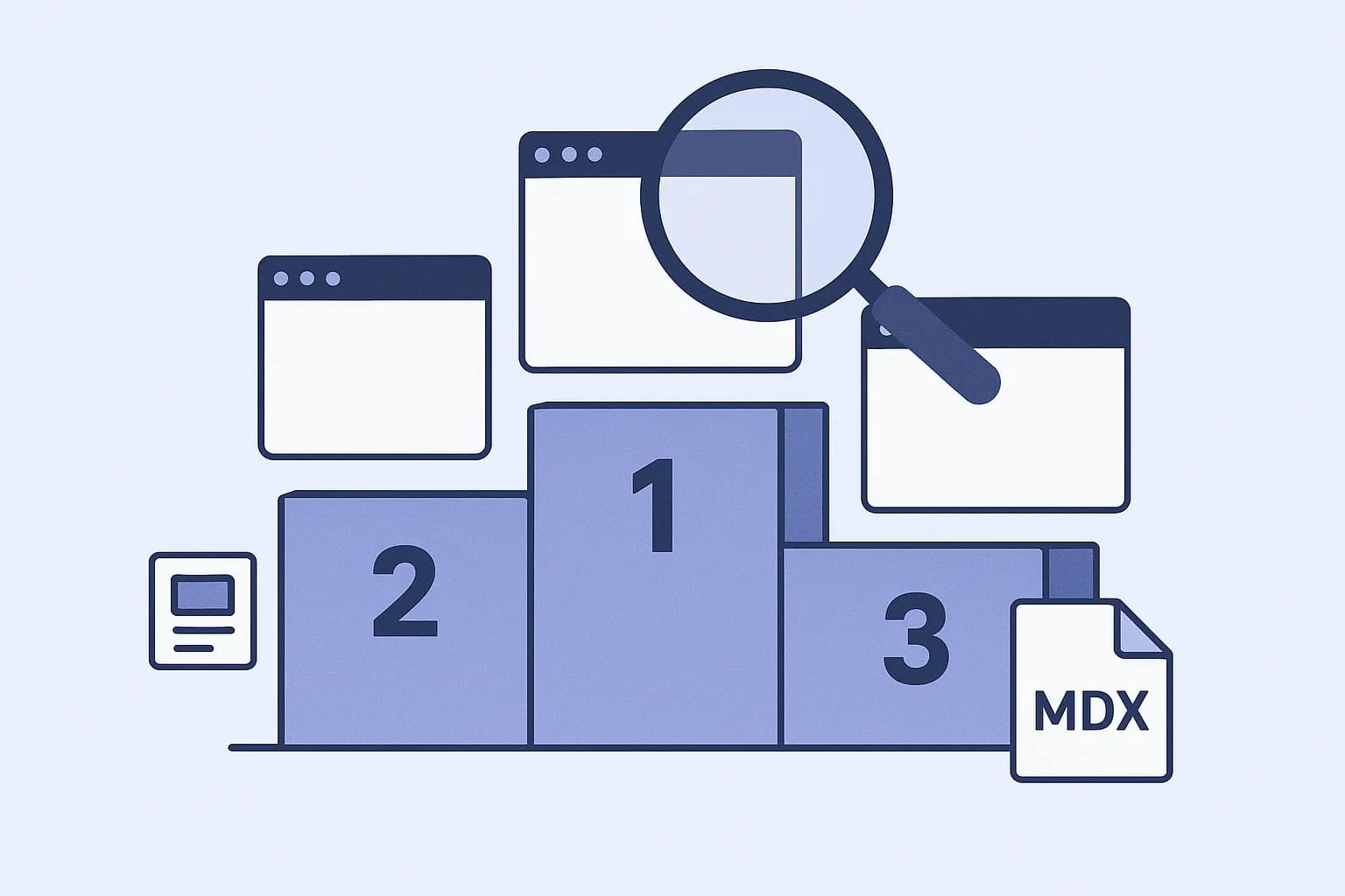 Flat vector illustration of a podium ranking three generic CMS platform icons, with a magnifying glass comparing them