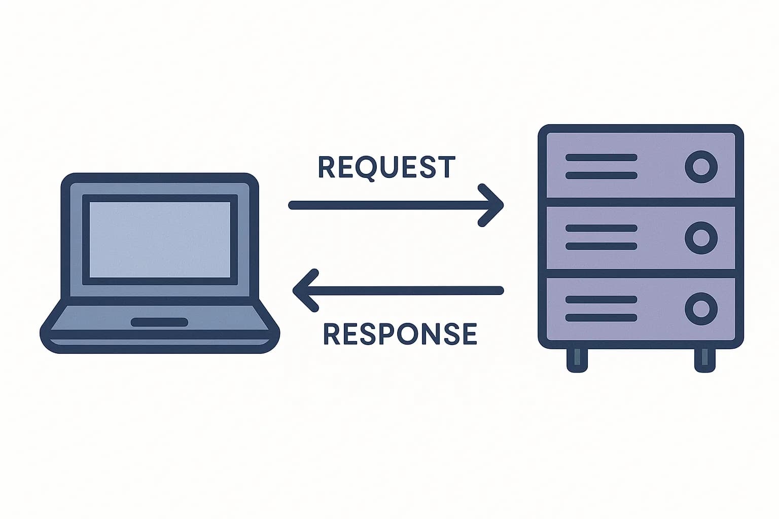 Flat vector illustration of a laptop sending a request arrow to a server rack and receiving a response arrow back, representing a single API call round trip