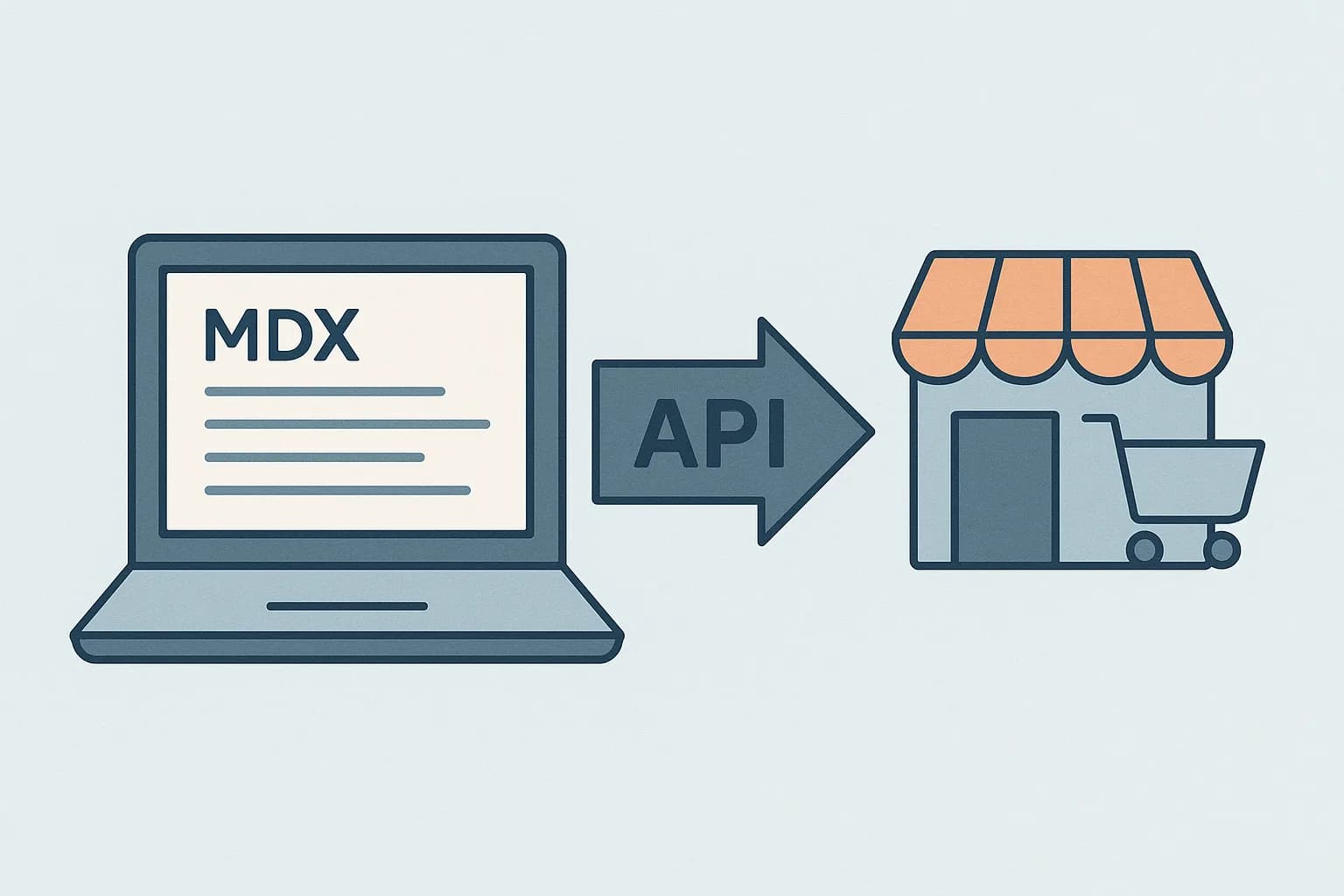 Flat vector illustration of ecommerce content flowing from MDX through an API into a storefront