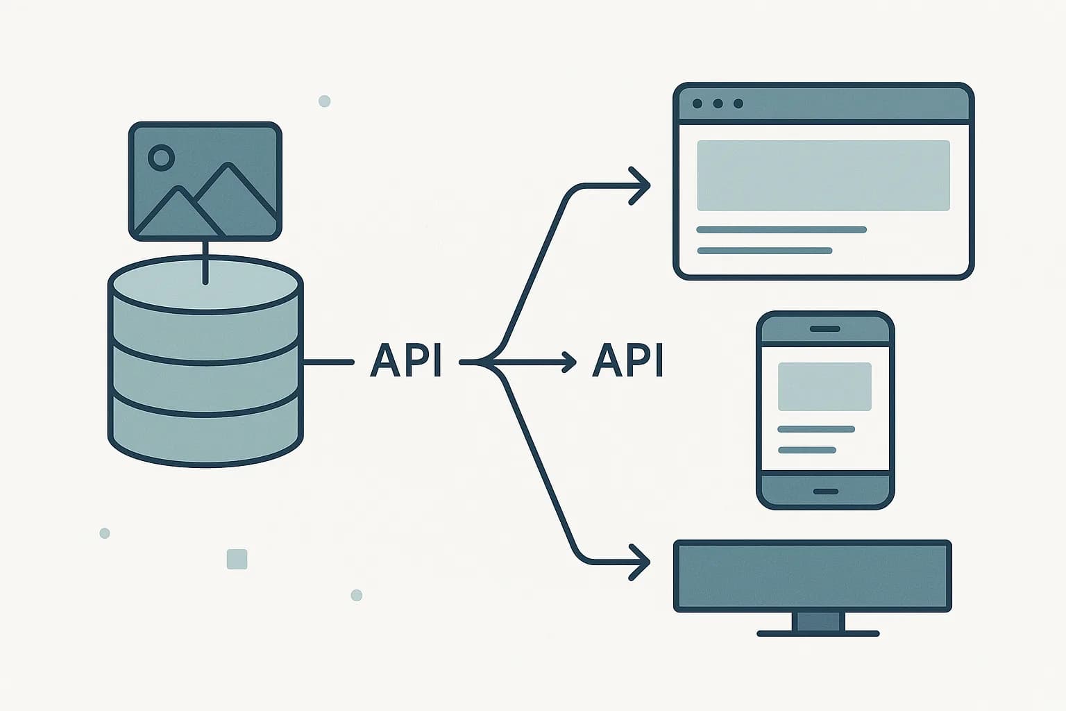 Flat vector illustration of a headless CMS content store feeding a browser, phone, and screen via API