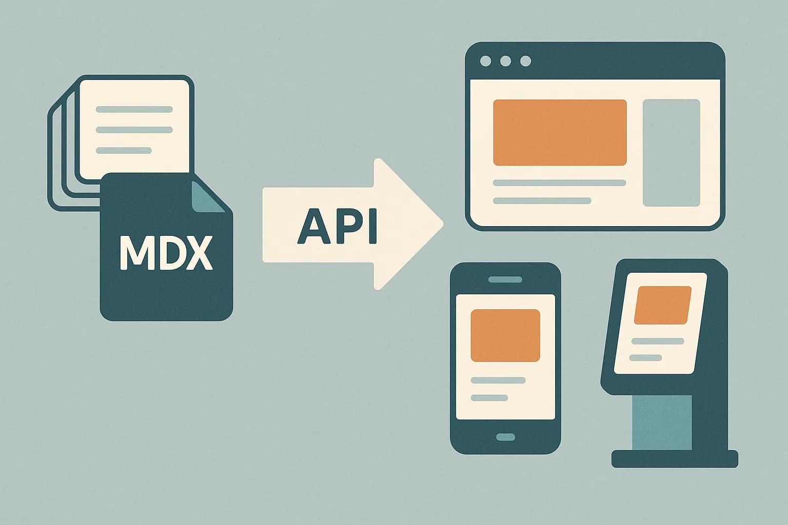 Flat vector diagram of a headless CMS: a content store feeding one API that delivers to a browser, a mobile app, and a kiosk screen