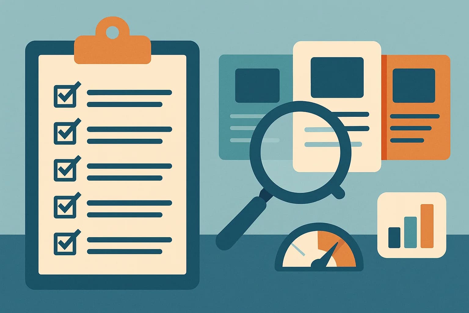 Flat vector illustration of a CMS evaluation checklist beside three platform cards being compared with a magnifying glass and score meter