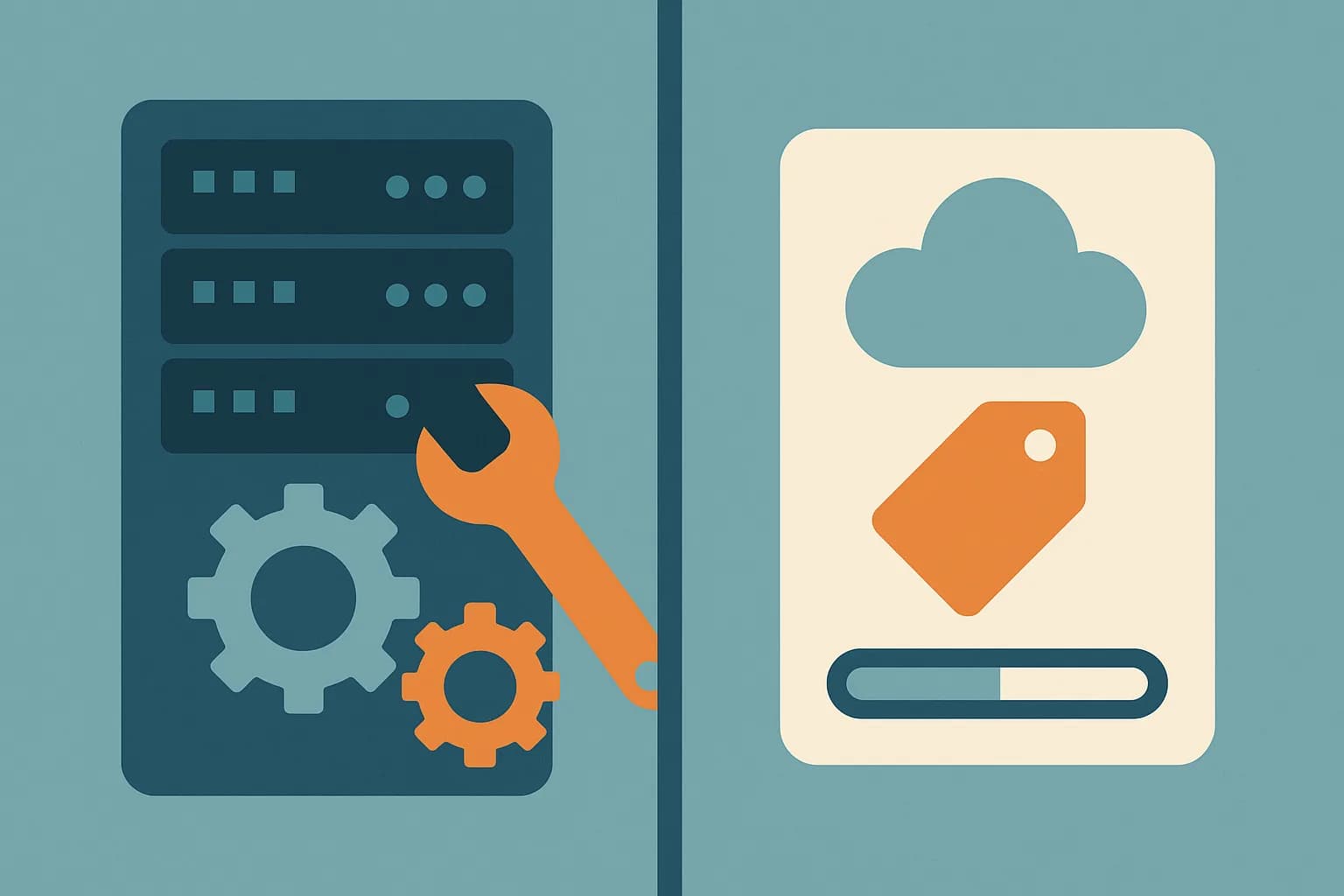 Flat vector illustration comparing a self-hosted server rack with maintenance tools against a hosted cloud plan with a price tag and capacity gauge