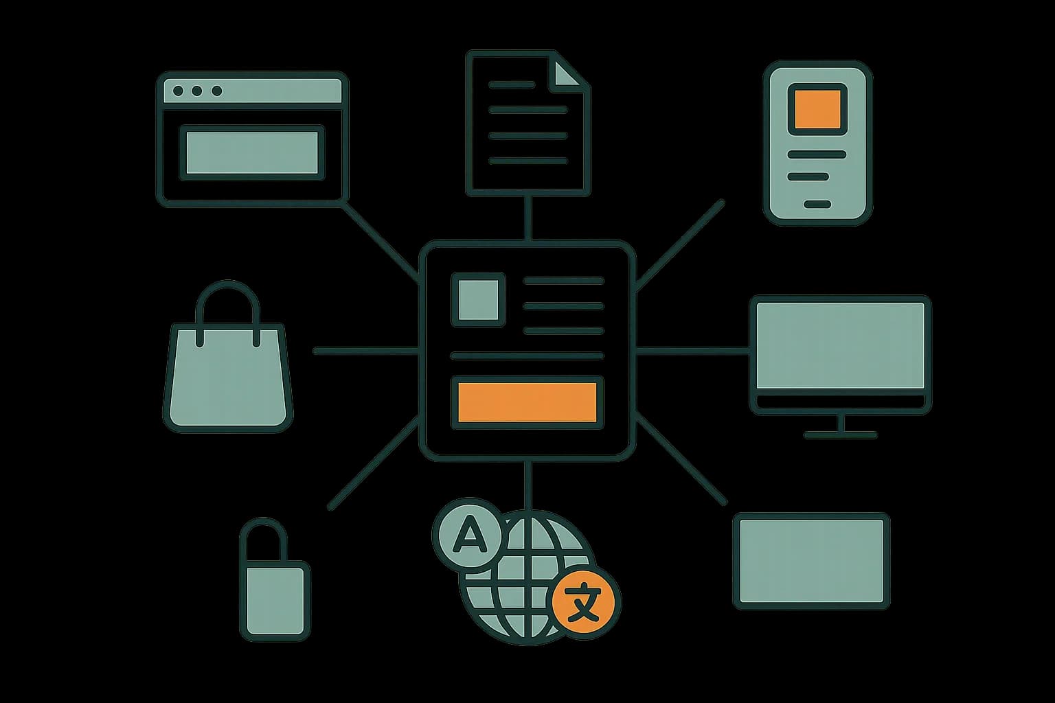 Flat vector illustration of one content block connected to six delivery surfaces: browser, docs page, mobile app, shopping bag, multi-language globe, and display screen