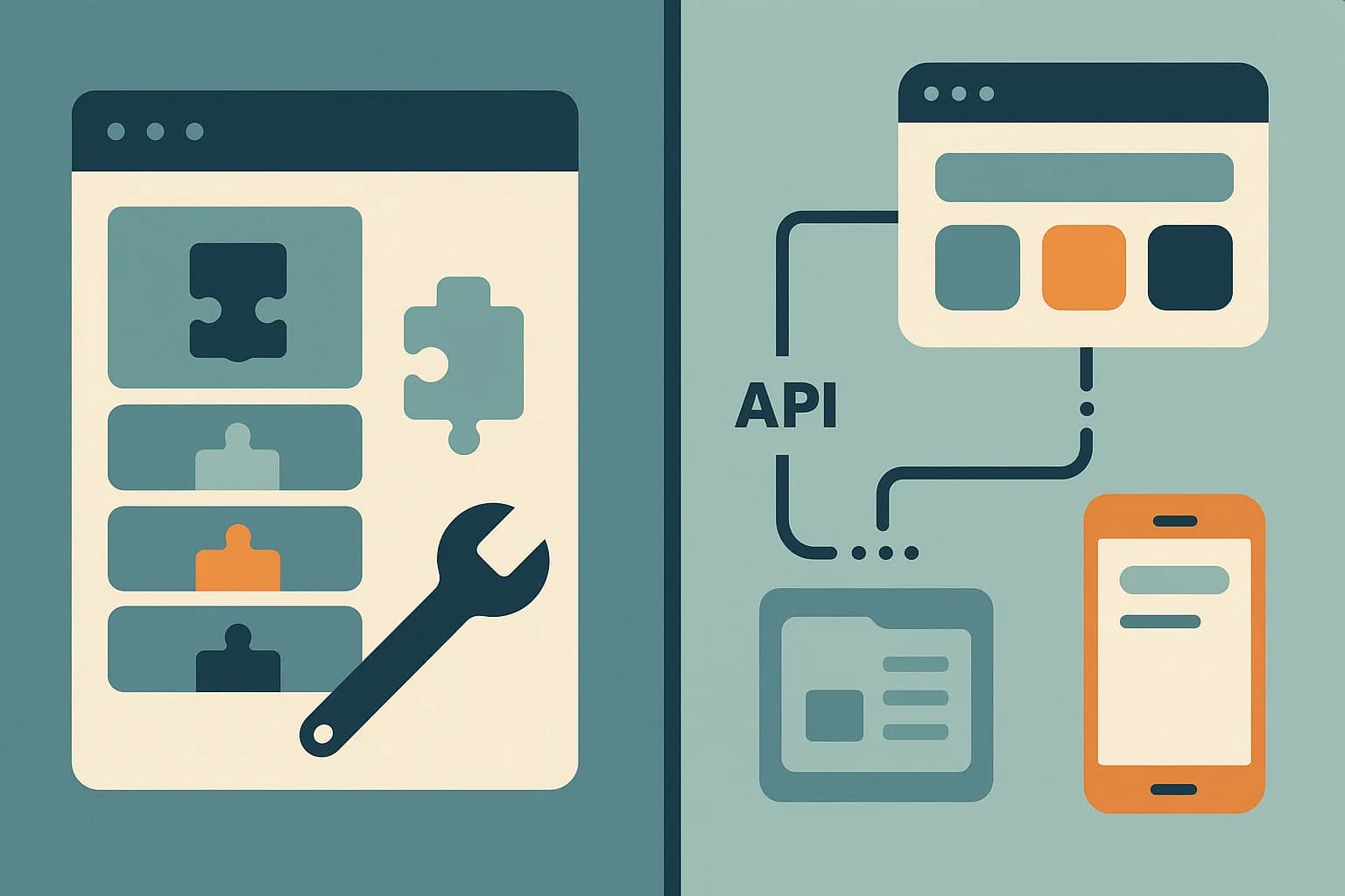 Flat vector split illustration comparing a monolithic plugin-heavy website box with a lightweight content store feeding a browser and phone over an API