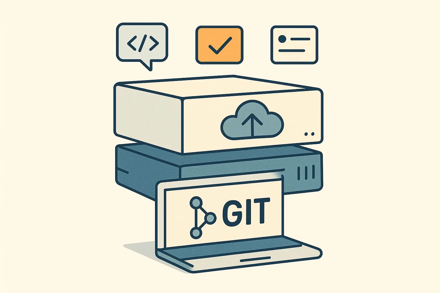 Flat vector illustration of three stacked layers: a laptop labeled GIT with a commit graph at the bottom, a cloud server box above it, and code review, pipeline, and issue icons on top
