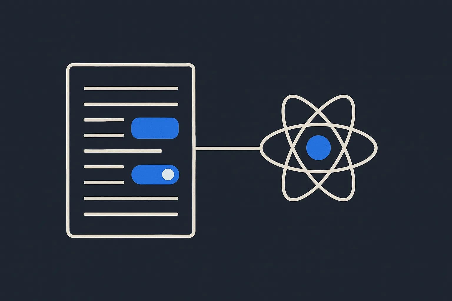 Flat vector illustration of a document page whose text lines turn into blue React component blocks, linked to an atom glyph