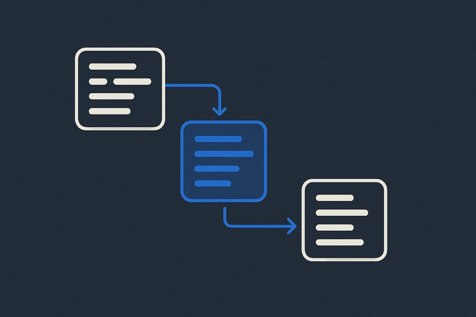 Flat vector illustration of three schema cards showing field rows, connected by blue arrow lines representing content type relationships