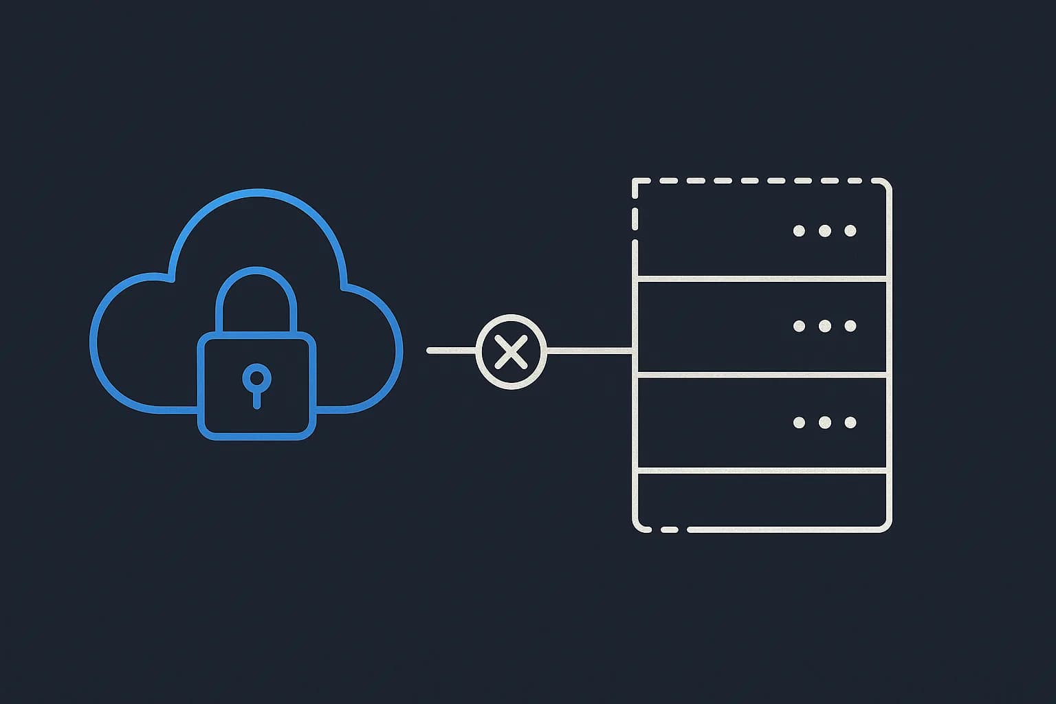 Flat vector illustration of a locked blue cloud beside a dashed, unavailable server rack outline, representing SaaS-only hosting