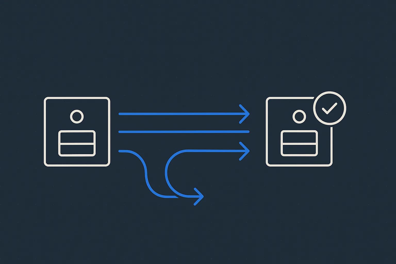 Flat vector illustration of an event source sending two identical blue arrows to a receiving endpoint, with one arrow curving back as a retry loop