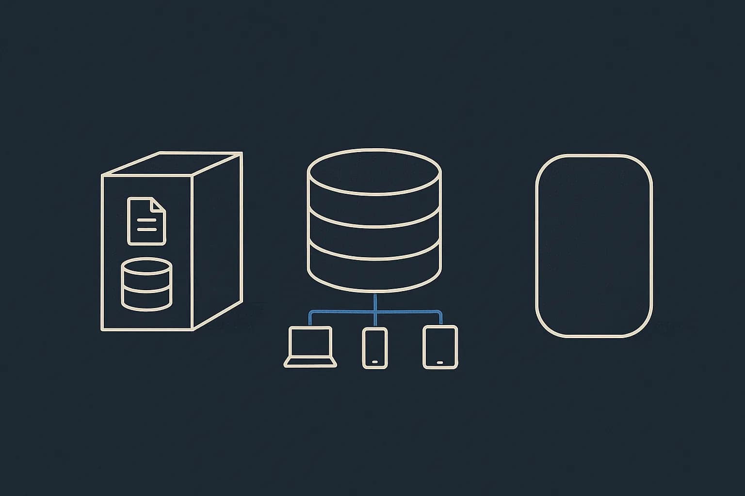 Three CMS architectures side by side: a coupled monolith, a headless database serving multiple front ends, and a sealed hosted site builder