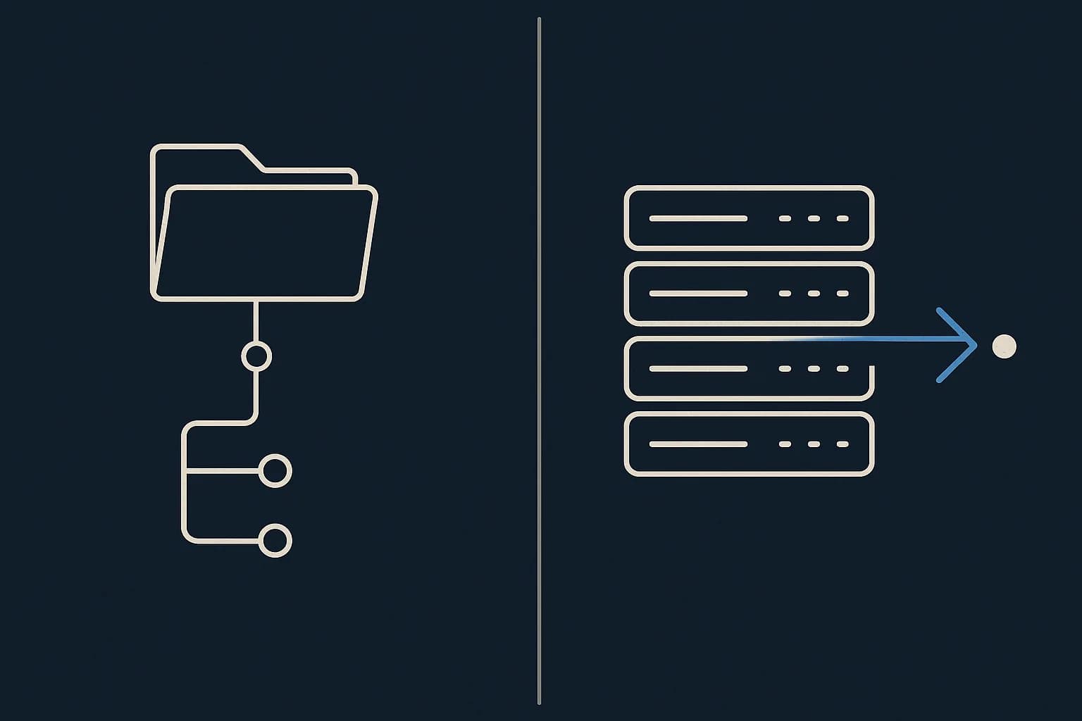 Split diagram: a folder tree of files with a commit line on the left, uniform database rows feeding an API endpoint on the right