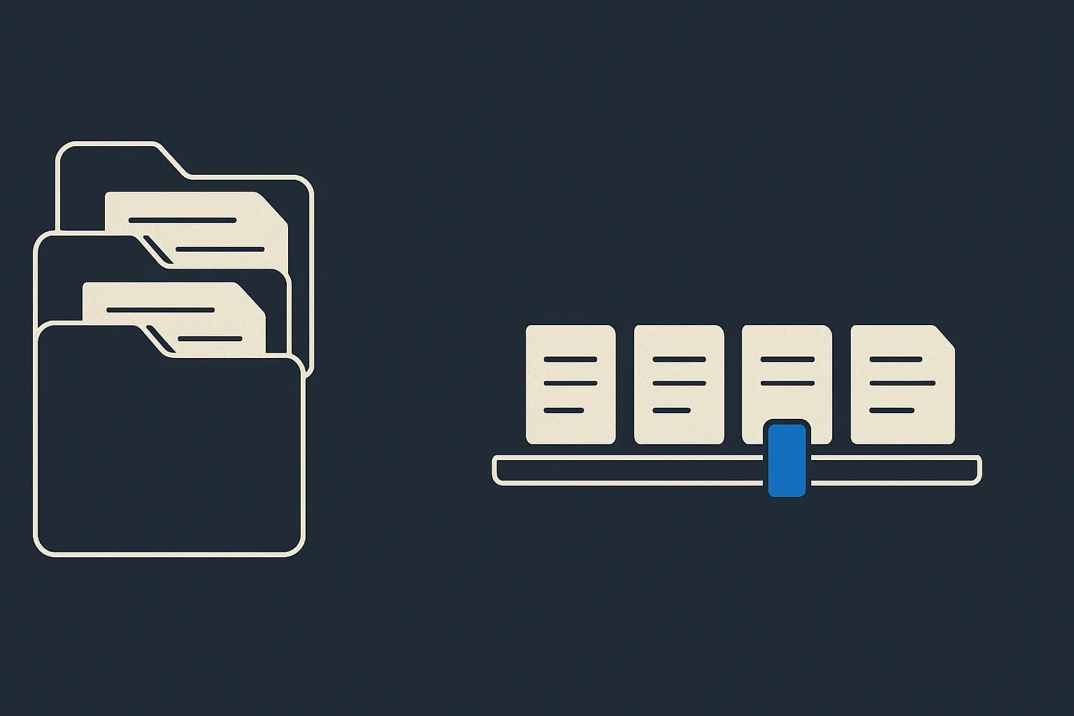 Diagram contrasting three duplicated documentation folders stacked behind each other with a single shelf of pages and one version selector marker