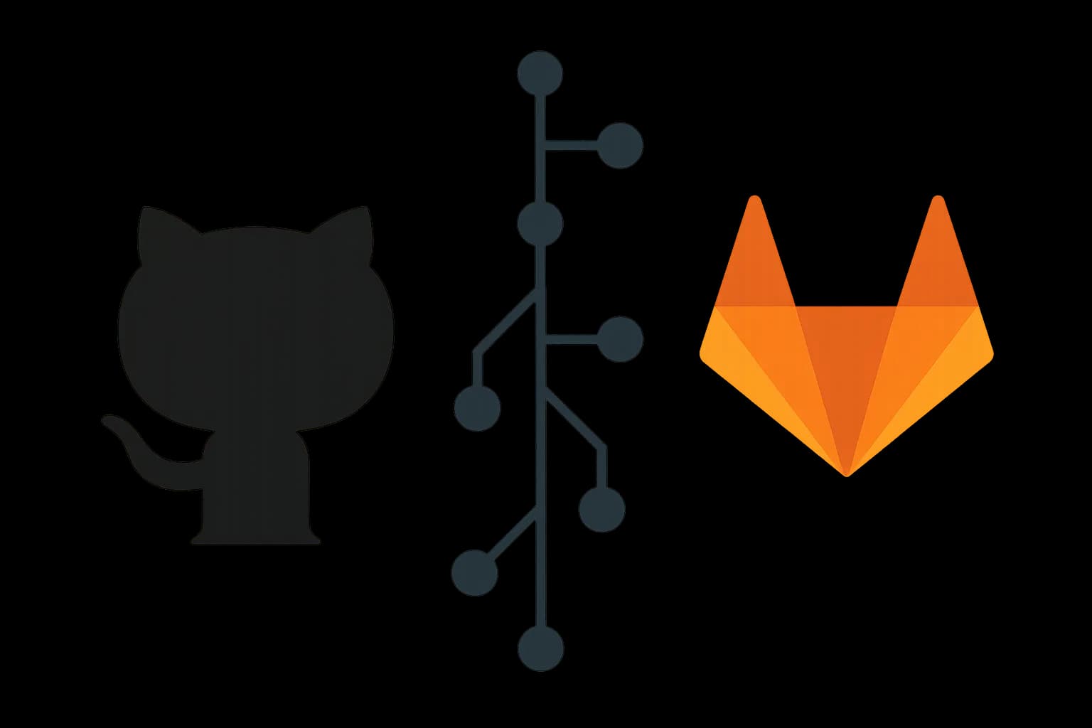 Flat vector illustration comparing GitHub and GitLab: two abstract platform icons connected by branching git-commit graph lines, representing a dev-team platform comparison
