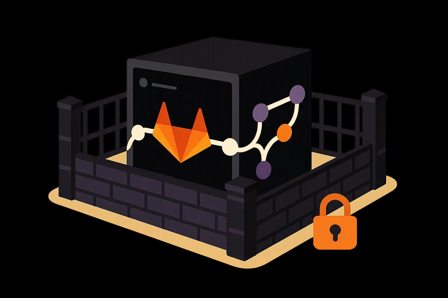 Flat vector illustration of self-hosted GitLab: a server rack inside a walled perimeter with a git branching commit graph and a padlock icon signaling private control