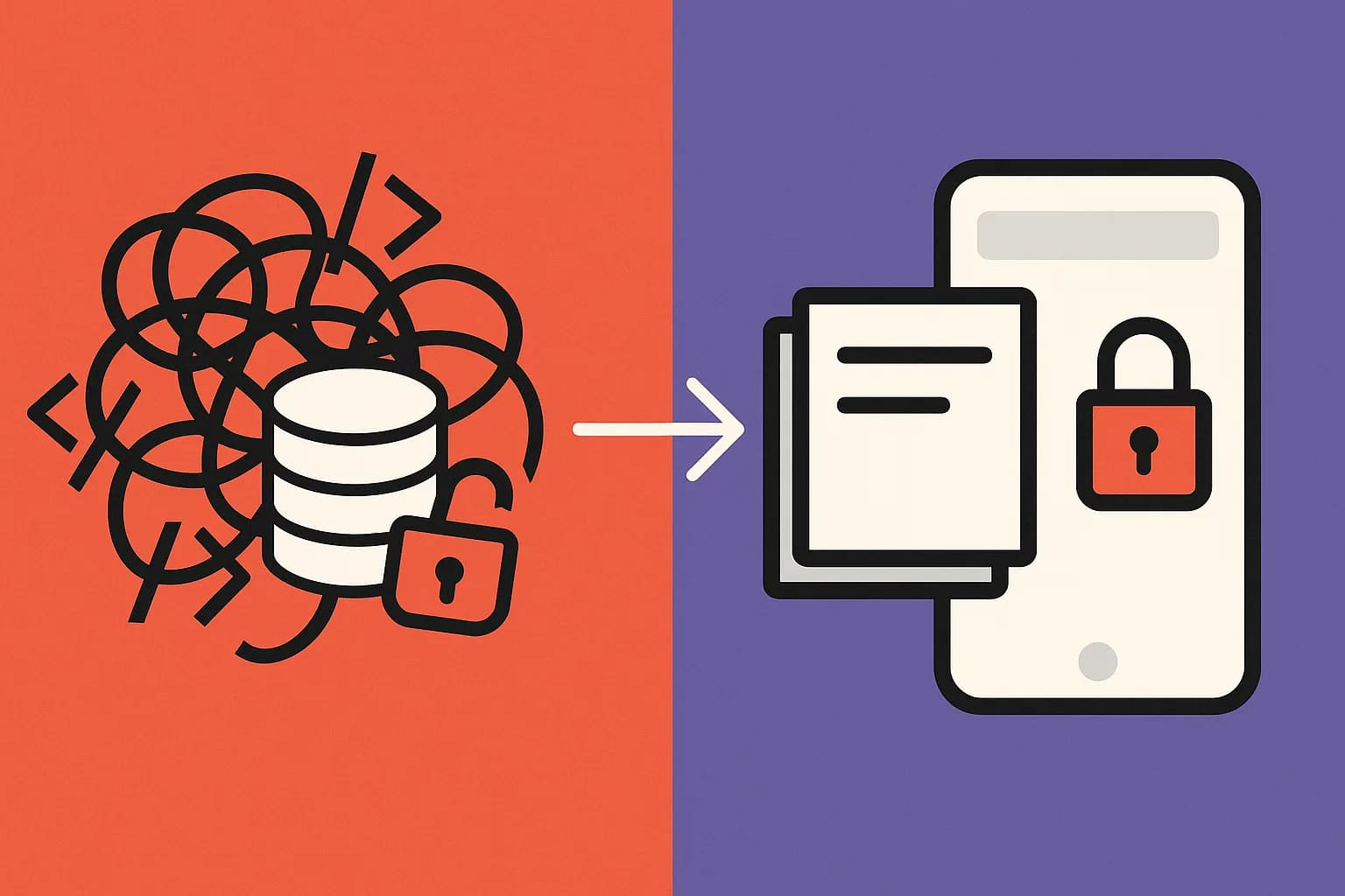 Split illustration: tangled code and database on one side representing hardcoded content, a clean separated content layer connected to an app on the other