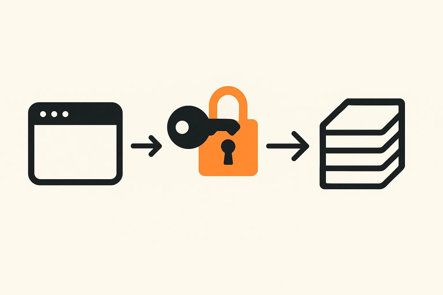 Flat illustration of an app icon connected through a key icon to a content database icon, representing wiring a headless CMS API key into an app