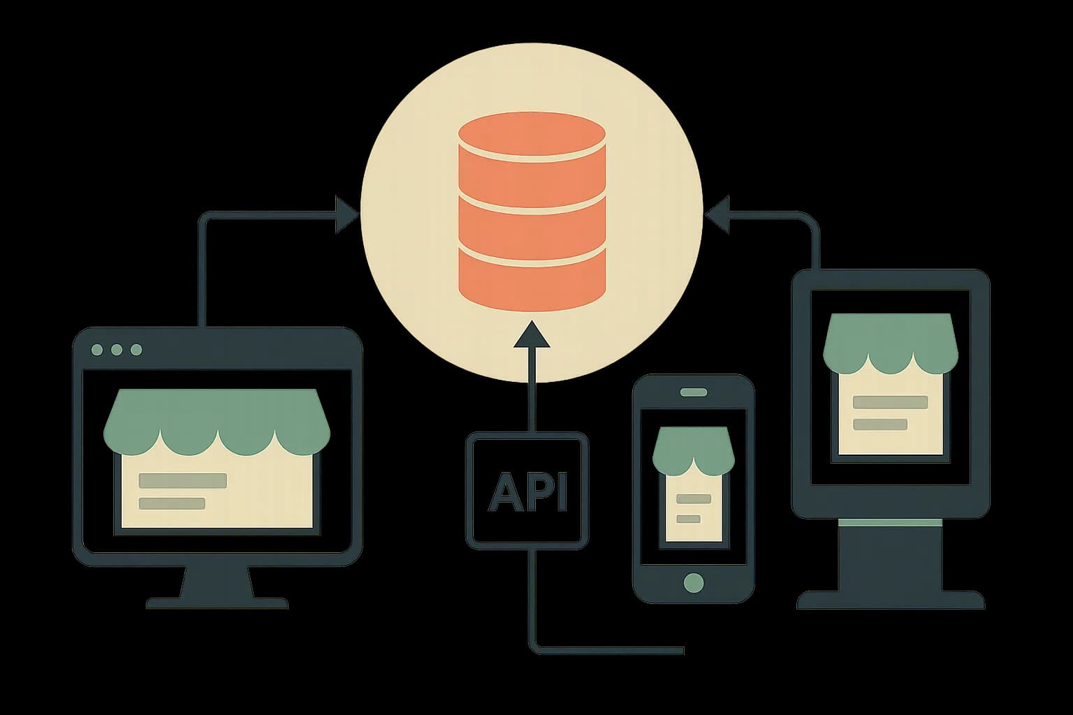 Flat vector illustration of one commerce backend API feeding three separate storefronts: a desktop browser, a phone, and a kiosk display