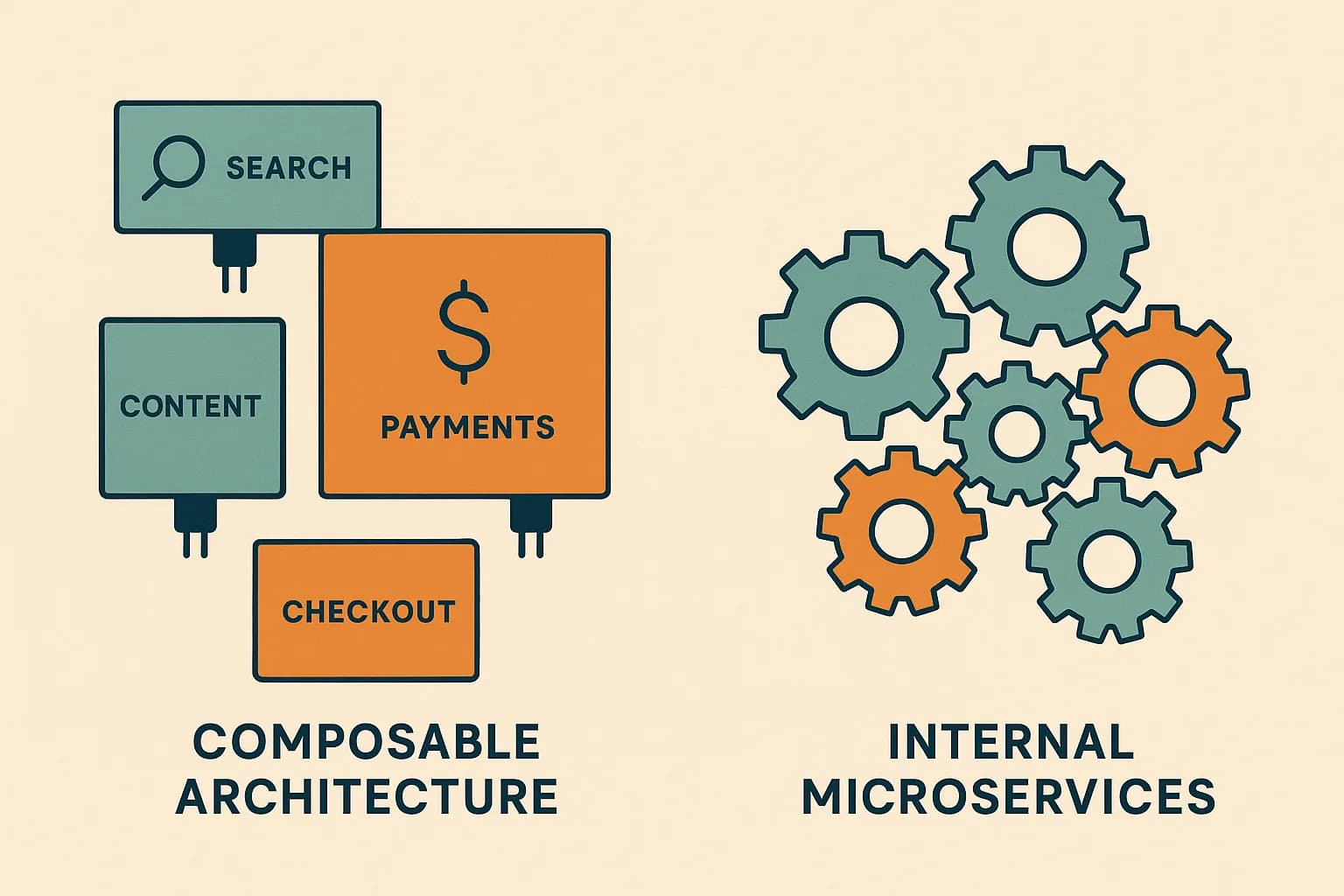 Illustration contrasting swappable modular business-capability blocks with a tightly interlocked cluster of internal microservices
