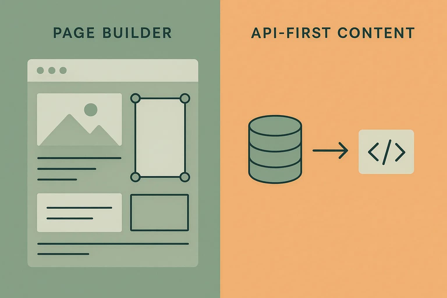 Illustration contrasting a visual page-builder canvas with a clean API-first content delivery diagram