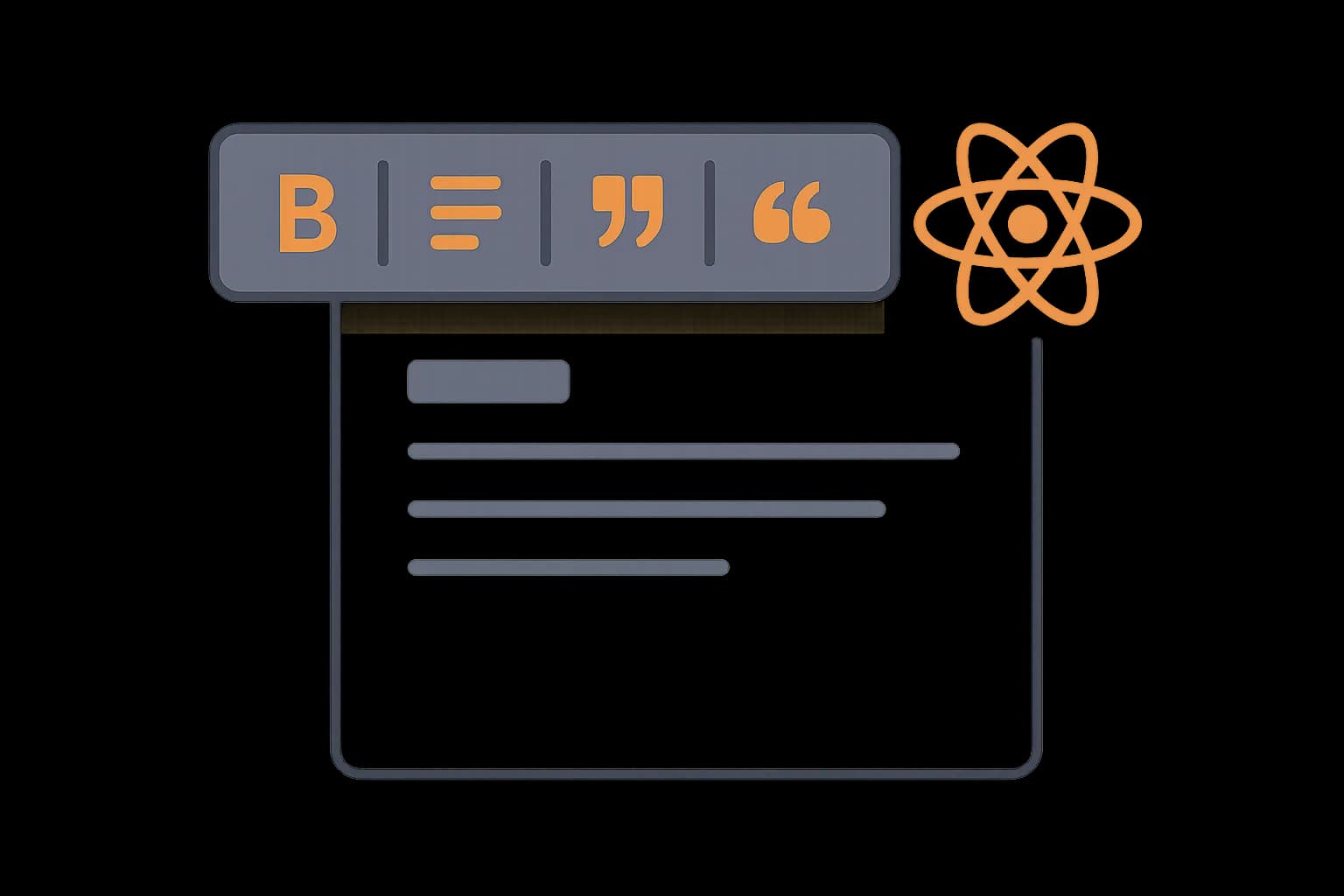 Illustration of a text-editing toolbar with formatting icons floating above a document, next to a React logo shape