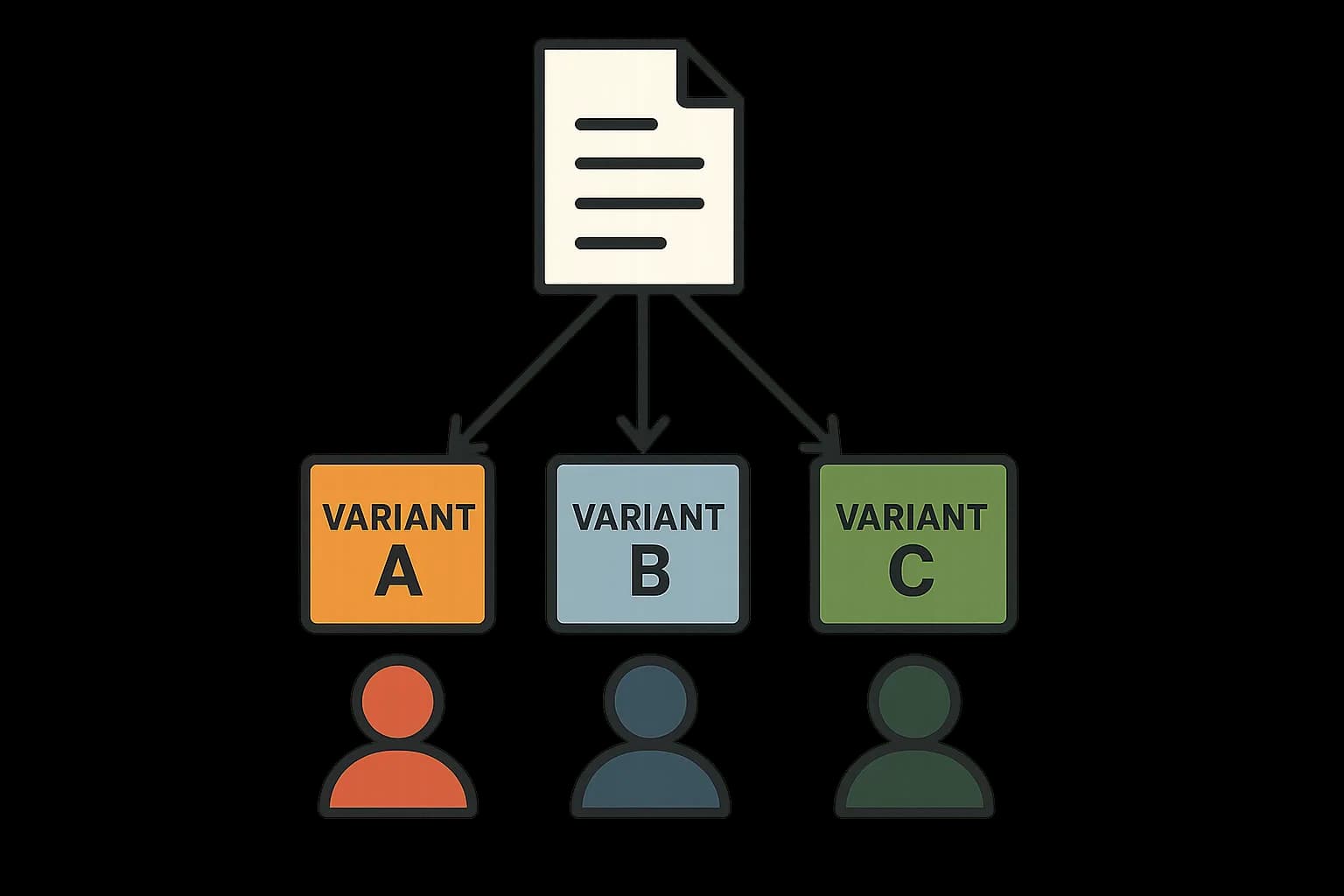 One content source splitting into different labeled variant cards, each reaching a different visitor icon, representing content personalization from a headless CMS.