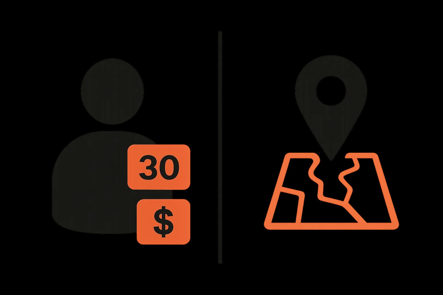 Two icon groups side by side: a person silhouette with demographic tags for age and income, and a map pin representing geographic location, illustrating demographic versus geographic segmentation.