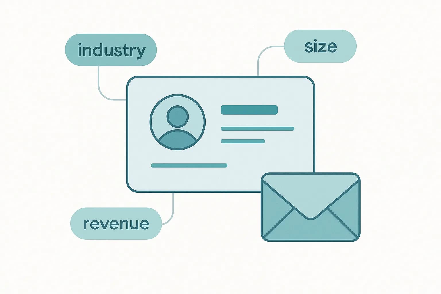 Flat illustration of a business profile card surrounded by data tags connected to a sales outreach envelope