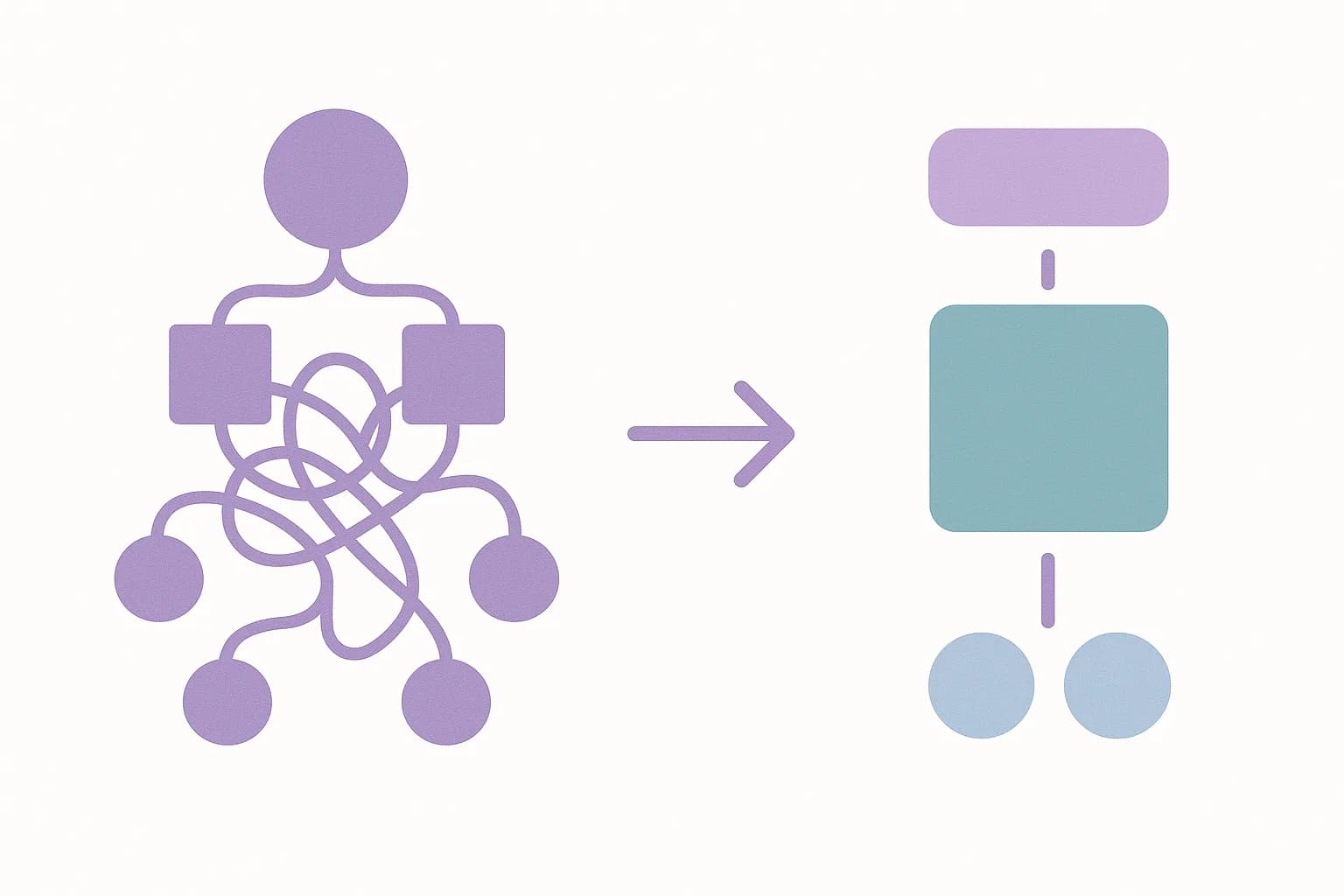 Flat illustration contrasting a tangled JSON tree with a clean compiled code-to-component flow