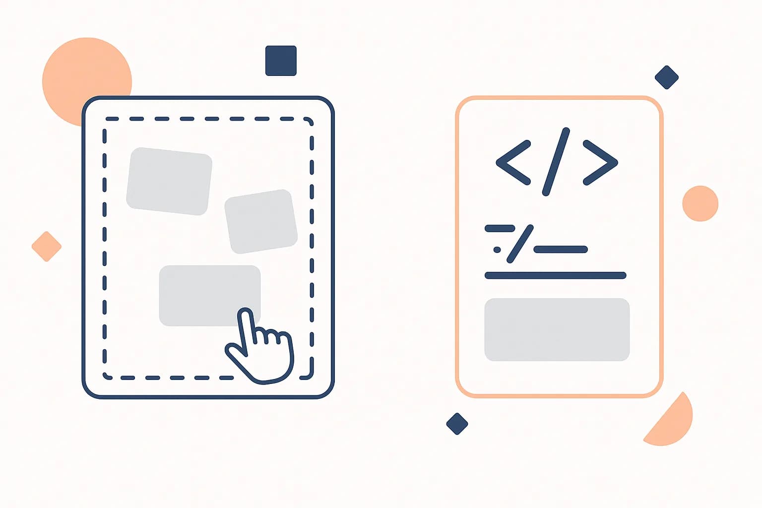 Flat illustration contrasting a drag-and-drop canvas with a tagged code component