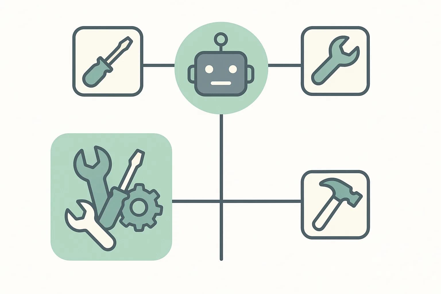 Flat illustration of a grid of tool icons connecting to a central agent node, one group bundled to suggest batching