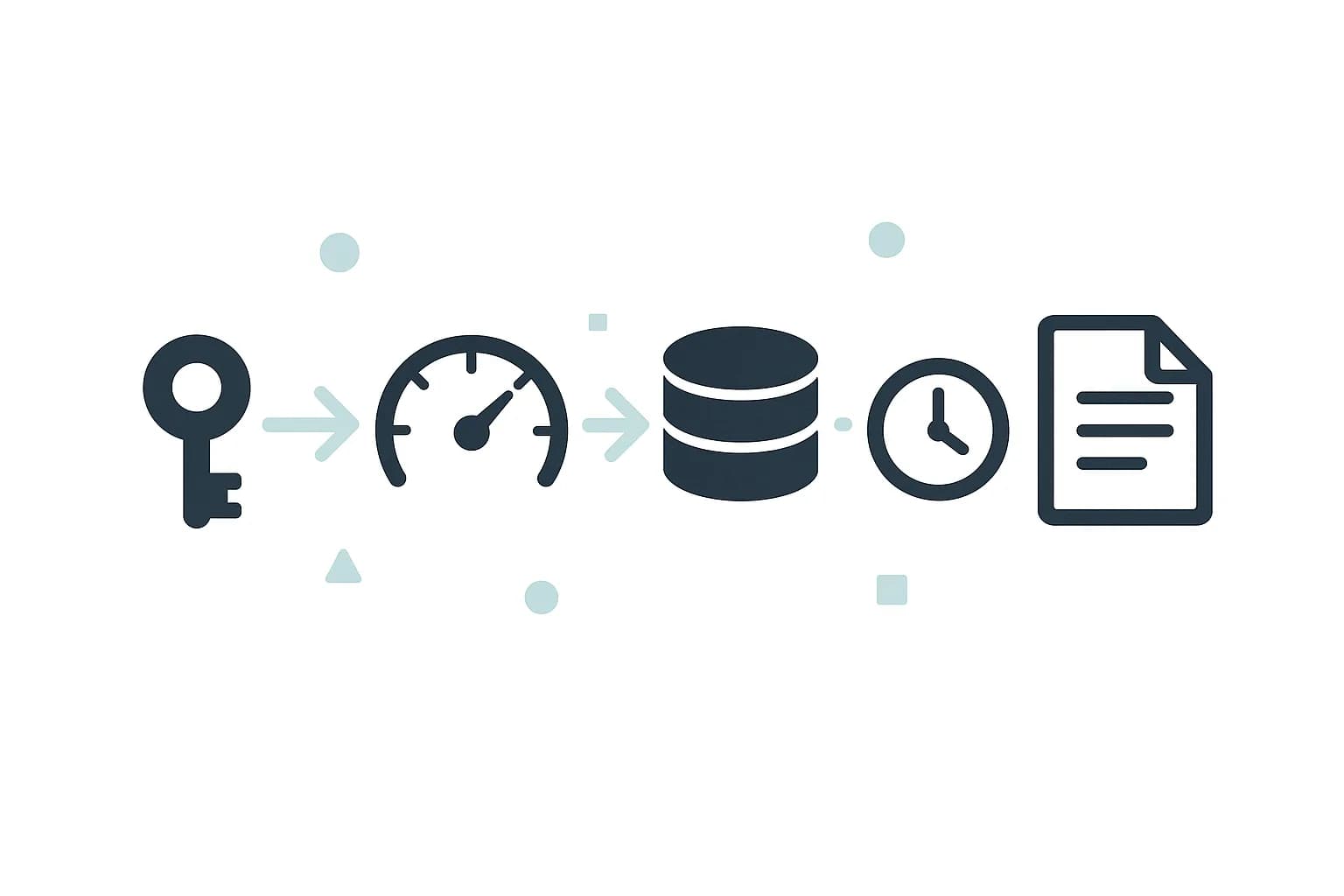 Flat illustration of a request flowing through sequential gate icons toward a document