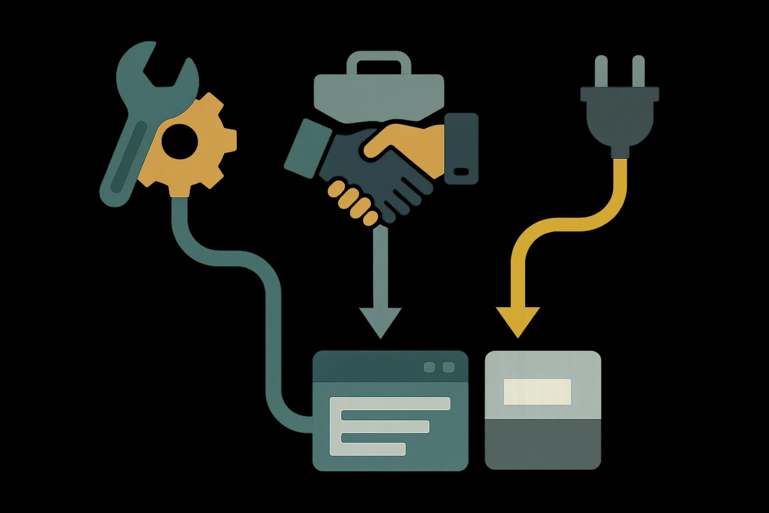 Flat vector illustration of three paths converging on one content page: a wrench and gear for an in-house build, a handshake for an agency, and a plug connecting into a ready-made platform