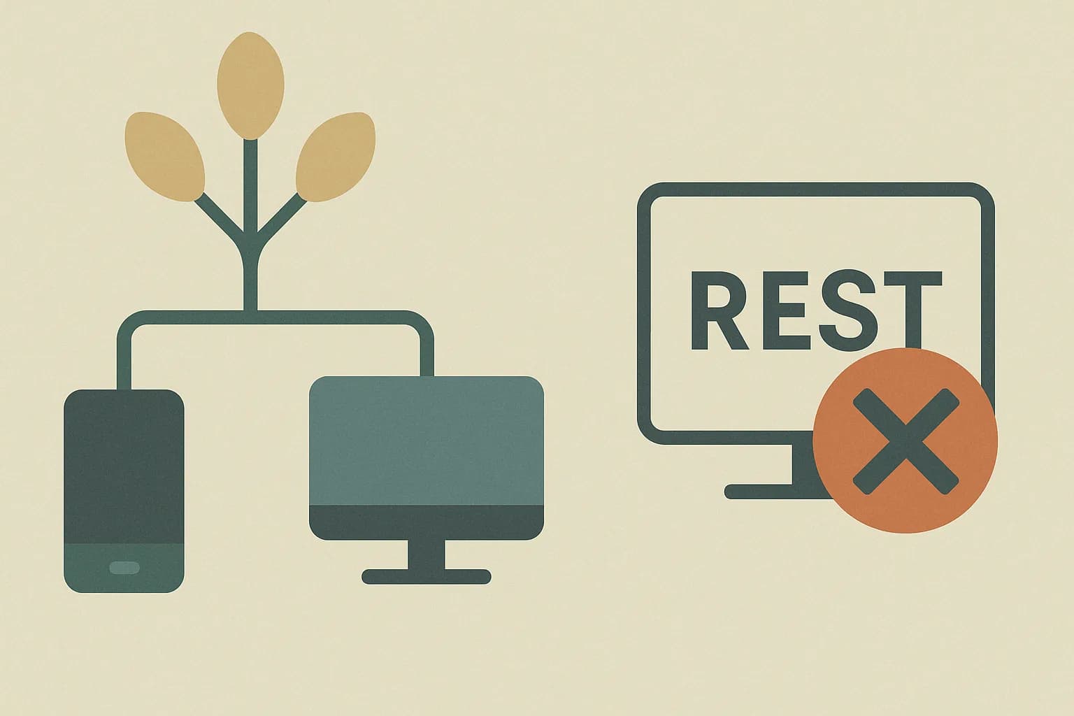 Flat vector illustration of a GraphQL query tree branching to selected fields feeding a phone and a desktop, next to a rejected fixed-shape REST box