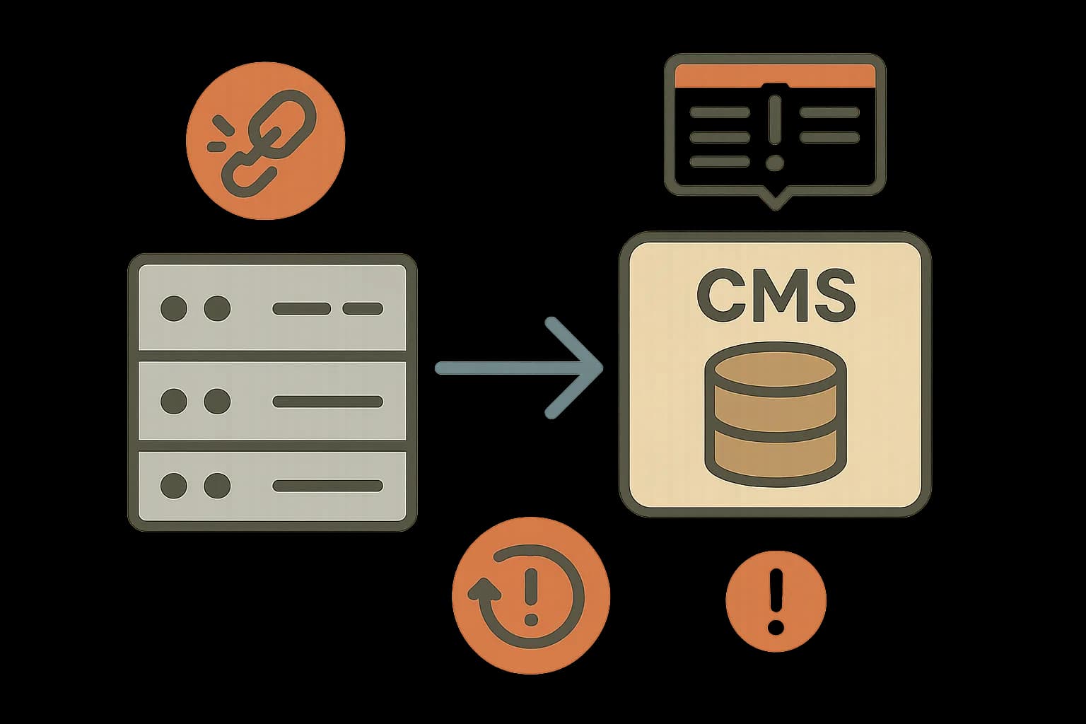 Flat vector illustration of a server component fetching content from a CMS, surrounded by warning icons for a broken link, a stale sitemap, and a cache refresh