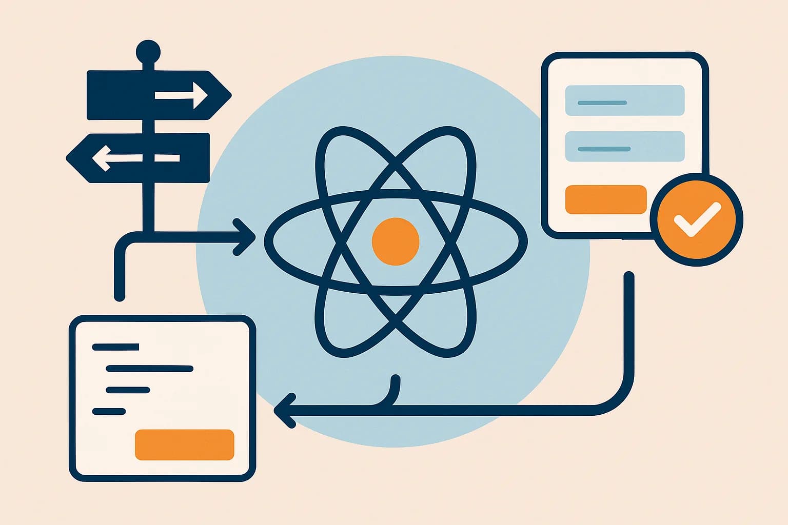 Flat vector illustration of a React app split into a routing path with signpost icons and a form path with input fields and a checkmark, connected to a central React atom shape