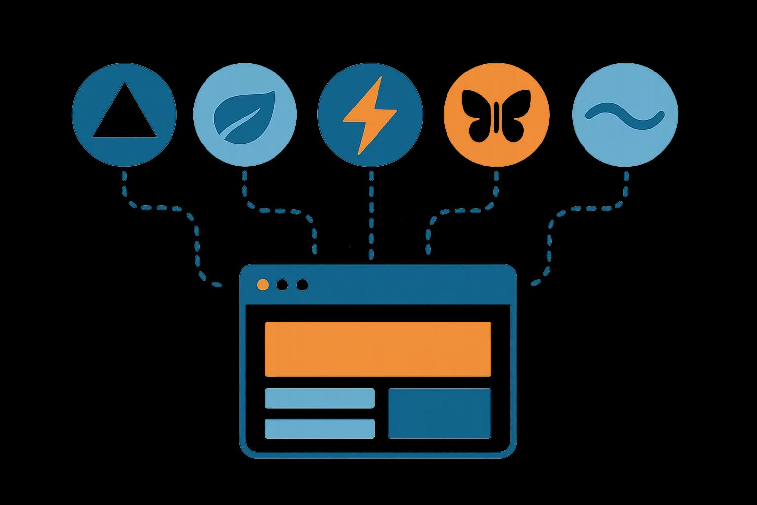 Flat vector illustration comparing five web frameworks as distinct geometric icons connected by dotted lines to a central browser window