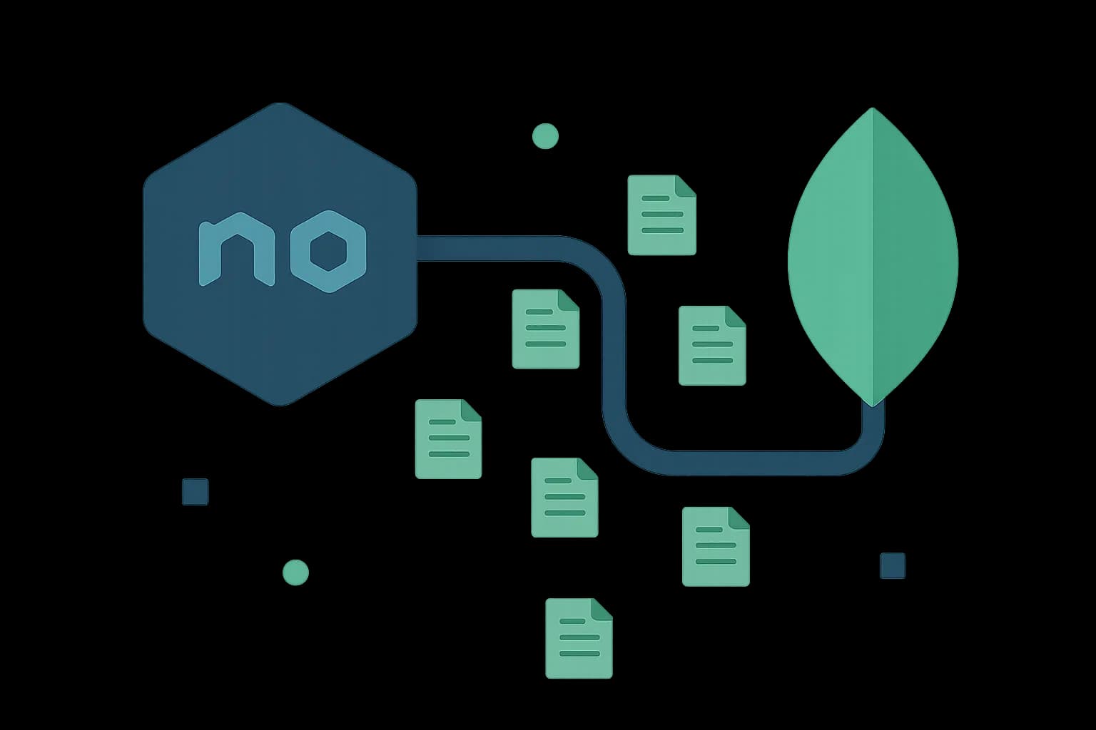 Flat vector illustration of a Node.js hexagon icon connected by a pipe to a green MongoDB leaf icon with data documents flowing between them