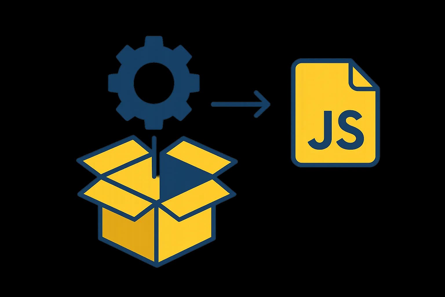Flat vector illustration of an open cardboard box with a gear module emerging and an arrow pointing to a JavaScript file icon, representing a code module being imported
