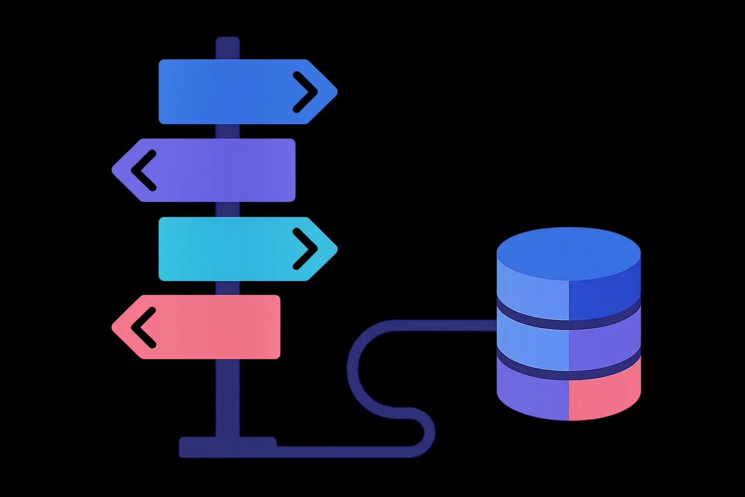 Flat vector illustration of directional arrow icons pointing at a database cylinder icon, connected by a network cable path