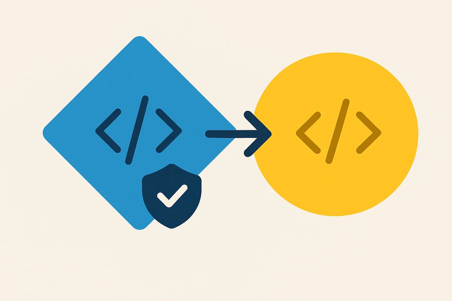 Flat vector illustration of a blue diamond shape with a shield checkmark badge representing typed code, connected by a compile arrow to a yellow circle representing plain JavaScript