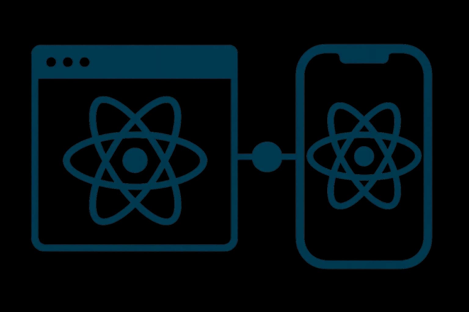 Flat vector illustration of two React atom-logo shapes, one inside a browser window frame and one inside a mobile phone frame, connected by a shared core symbol