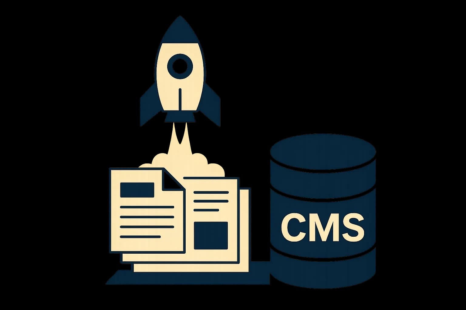 Flat vector illustration of an Astro rocket-ship icon launching from a stack of content document icons beside a CMS database cylinder icon