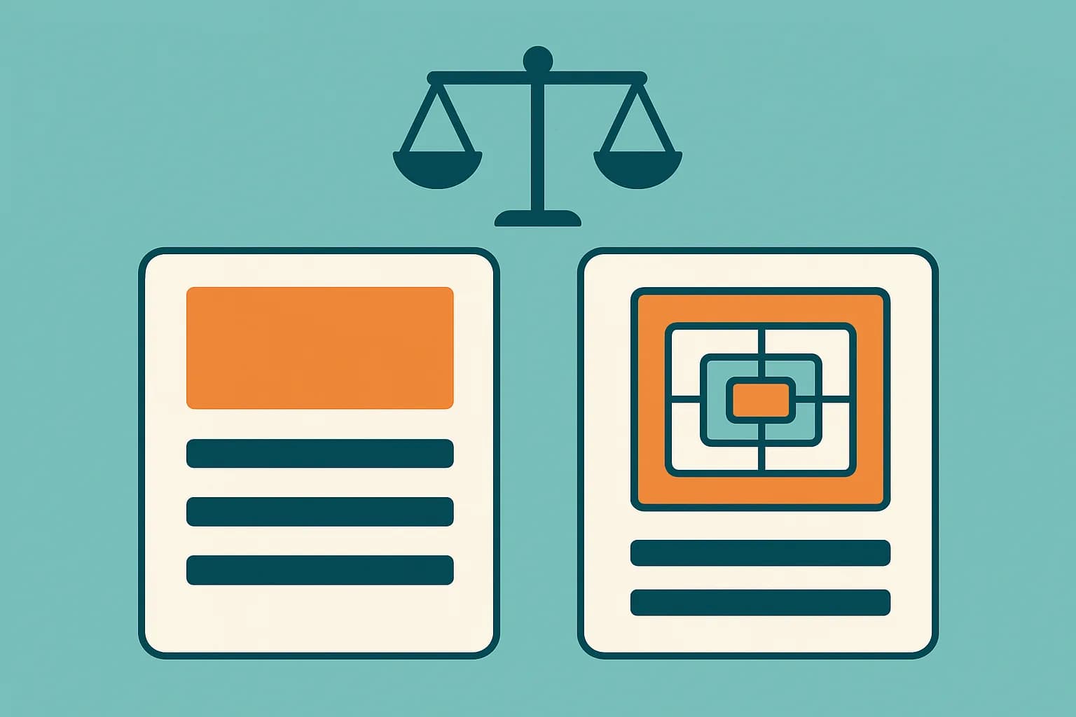 Flat vector illustration of two content-model diagram cards being compared, one simple and one nested layered structure, with a weighing scale balancing above them