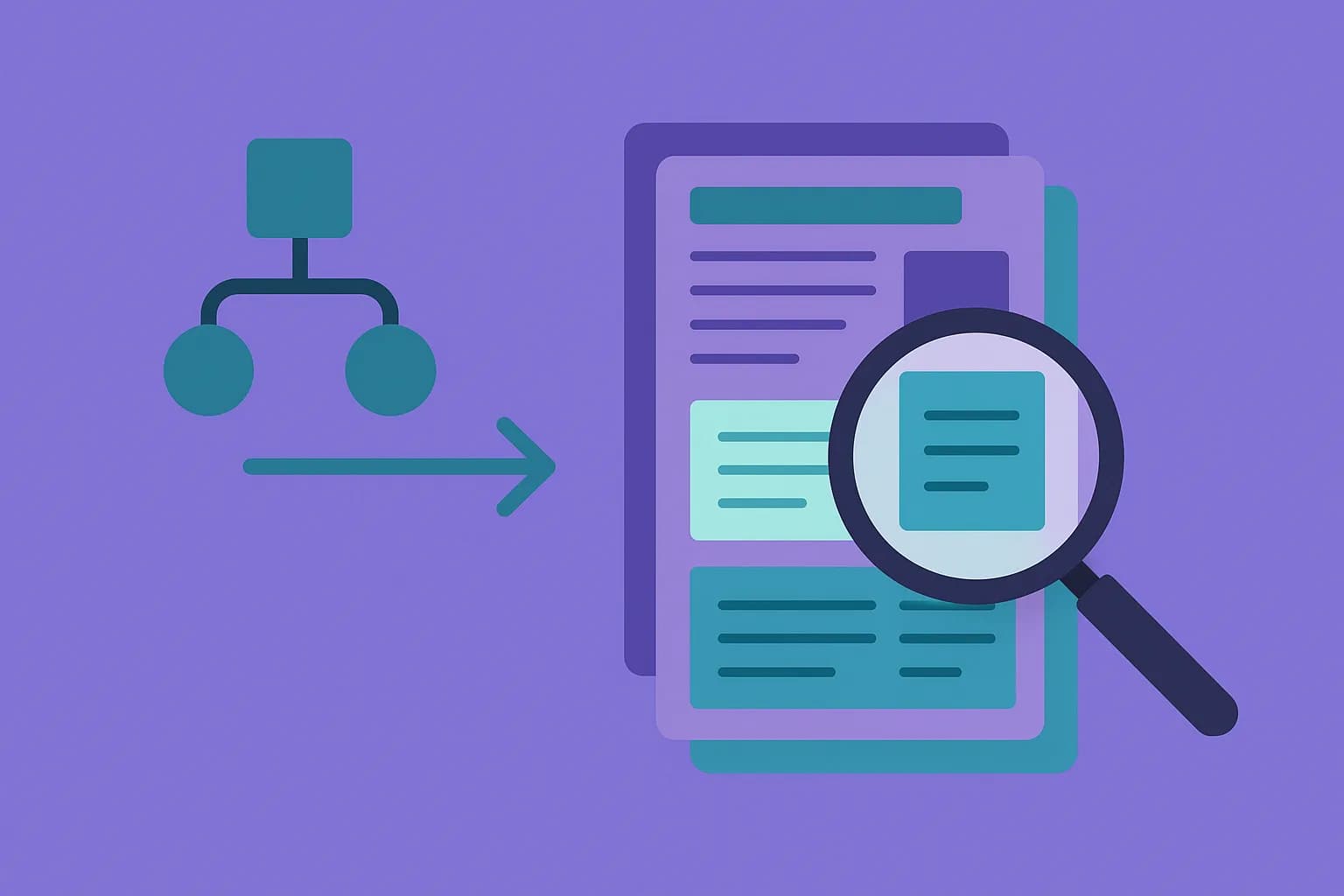 Flat vector illustration of a decision-tree branching path leading to a stack of content-block cards with a magnifying glass hovering above