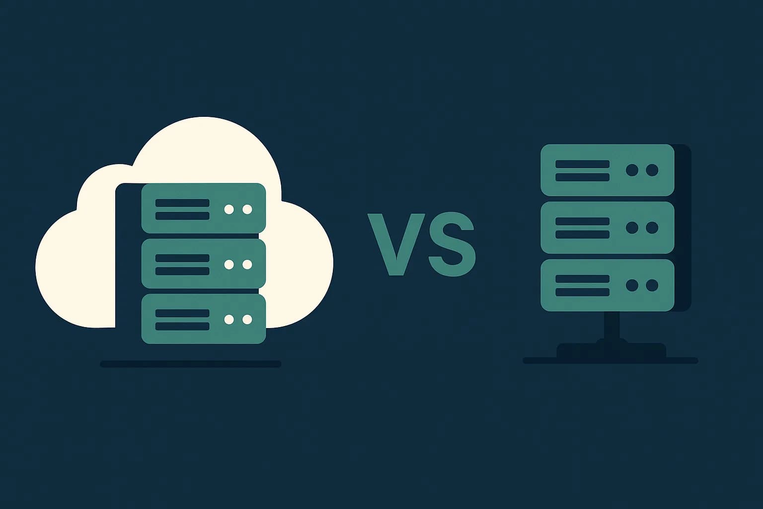 Flat vector illustration of two server rack icons, one enclosed in a cloud shape for hosted and one standing alone for self-hosted, with a versus symbol between them