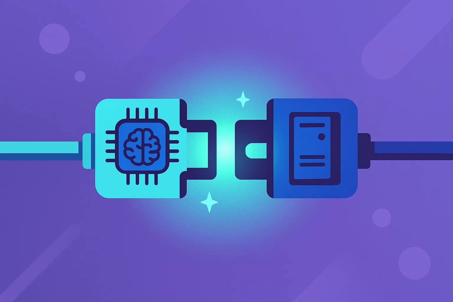 Flat vector illustration of two connector plug icons meeting in the middle, one with an AI chip shape for the client and one with a server tower shape, joined by a glowing socket connector