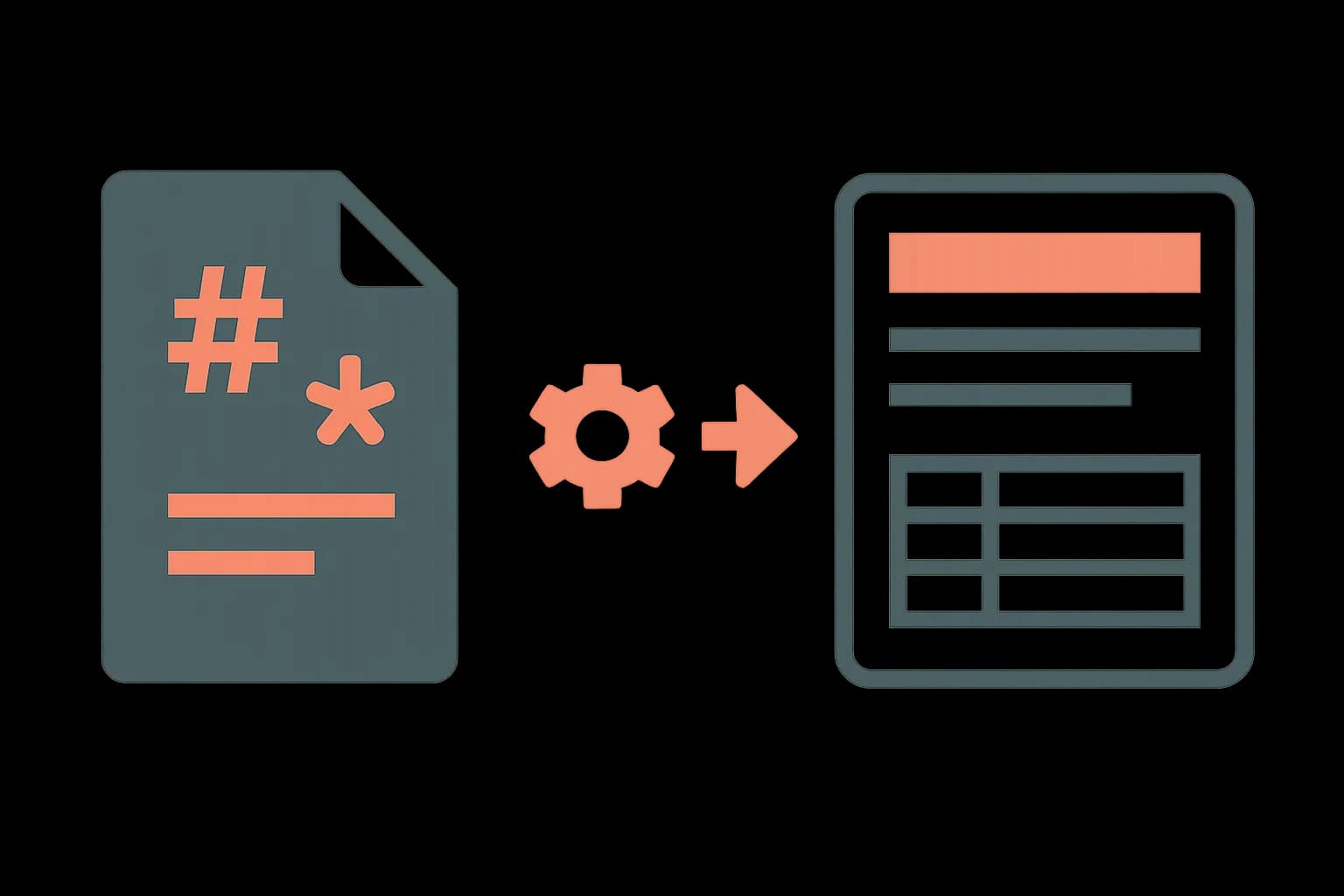 Flat vector illustration of a markdown file icon with hash and asterisk marks transforming into styled content blocks via a render arrow