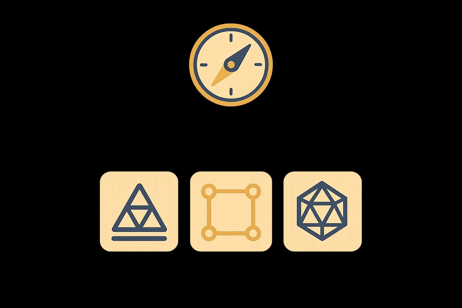 Flat vector illustration of a decision-tree branching path leading to three distinct geometric framework icons with a compass rotating above them