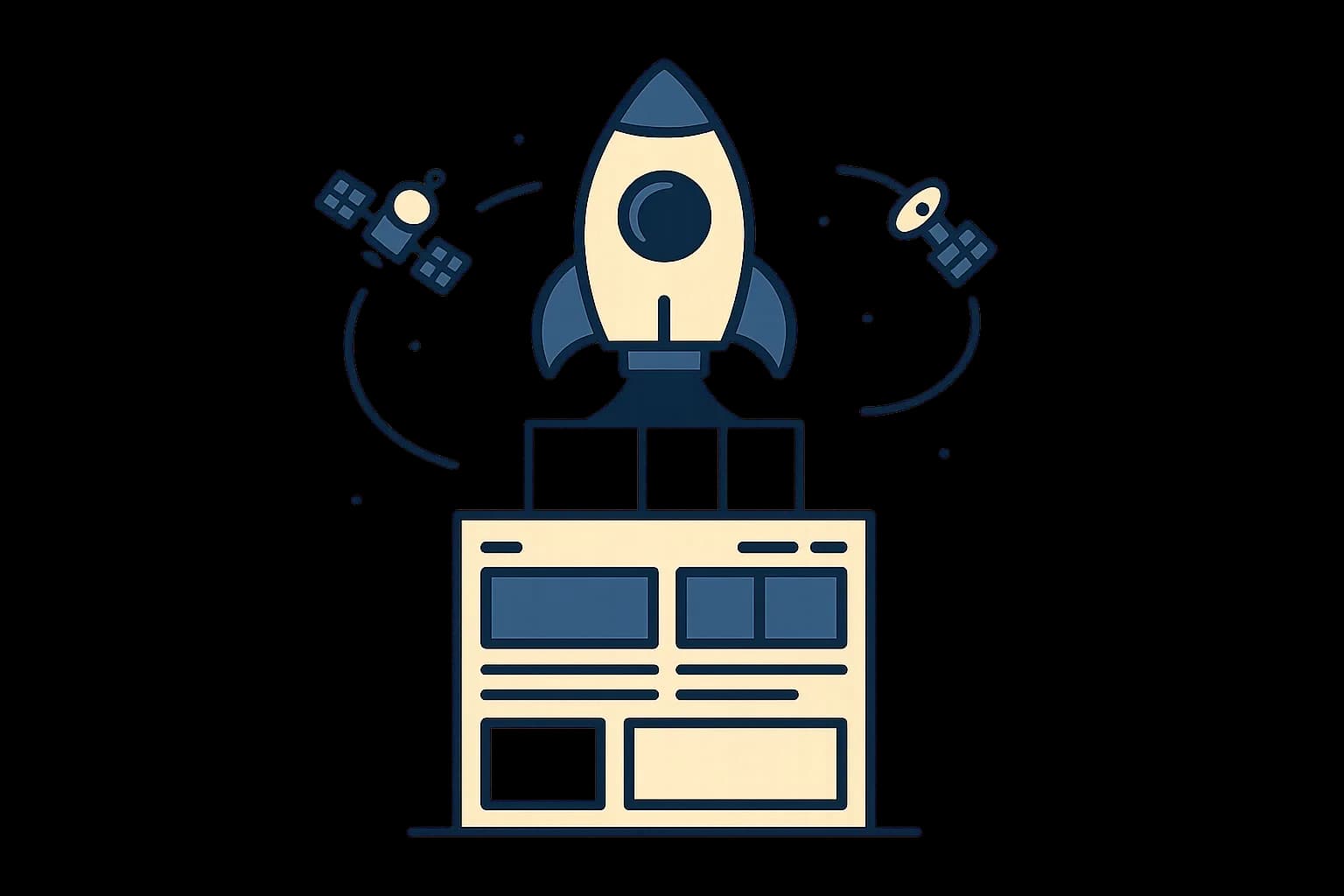 Flat vector illustration of a rocket-ship icon sitting atop a stack of building blocks representing a starter site, with small orbiting satellite icons around it